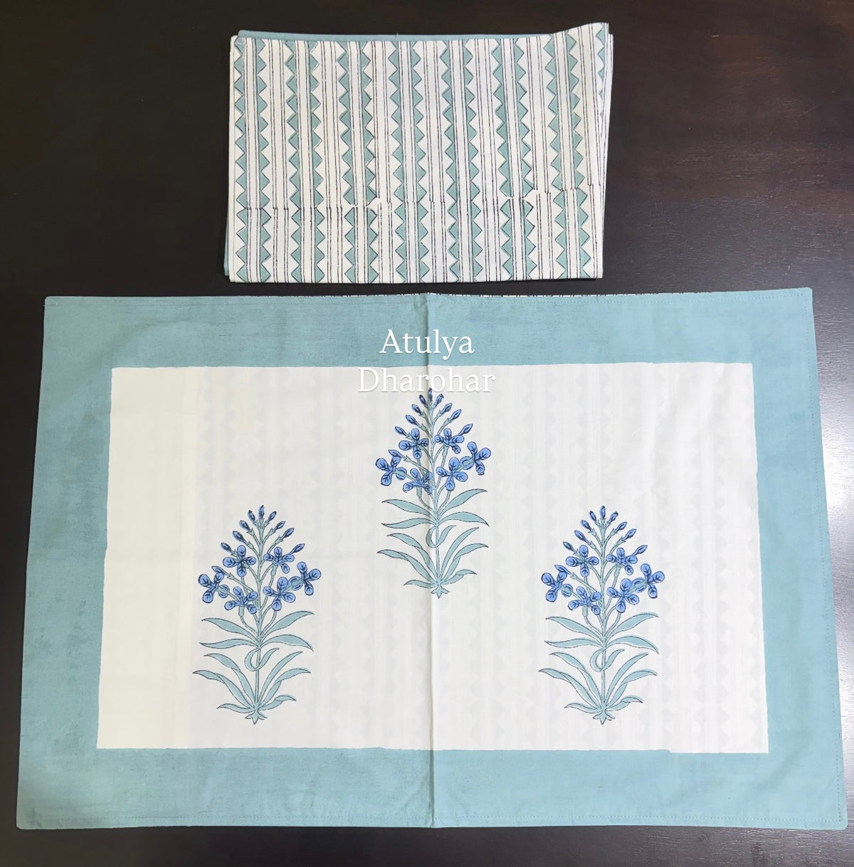 Turquoise Mughal Jaal Percale Cotton Hand Block Printed Super King Bedsheet