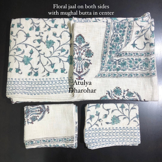 Turquoise Blue Mughal Butta with Floral Jaal Hand Block Printed Jute Cotton Bedcover