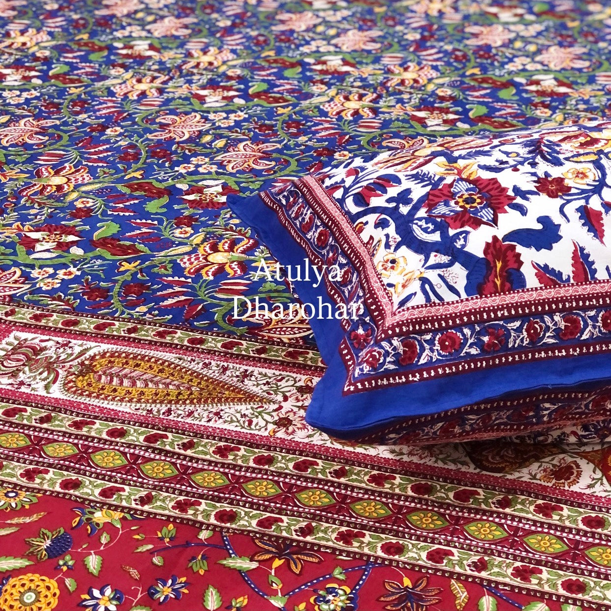 Blue & Red Floral Jaal Cotton Super King Bedsheet