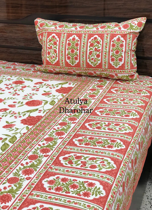 Orangish Red and Green Floral Jaal Super King Cotton Bedsheet