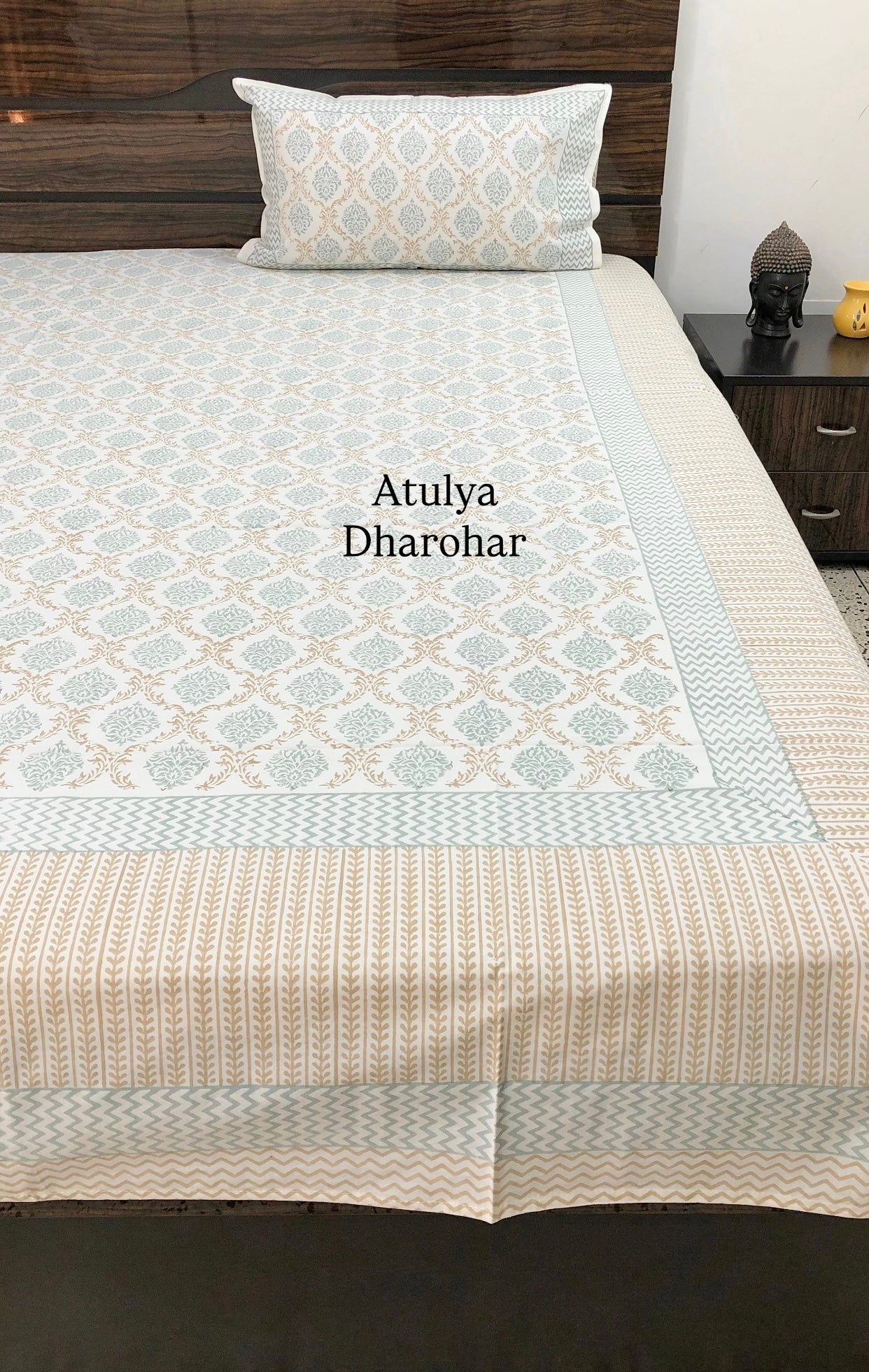 Golden Brown Mughal Jaal Percale Cotton Hand Block Super King Bedsheet