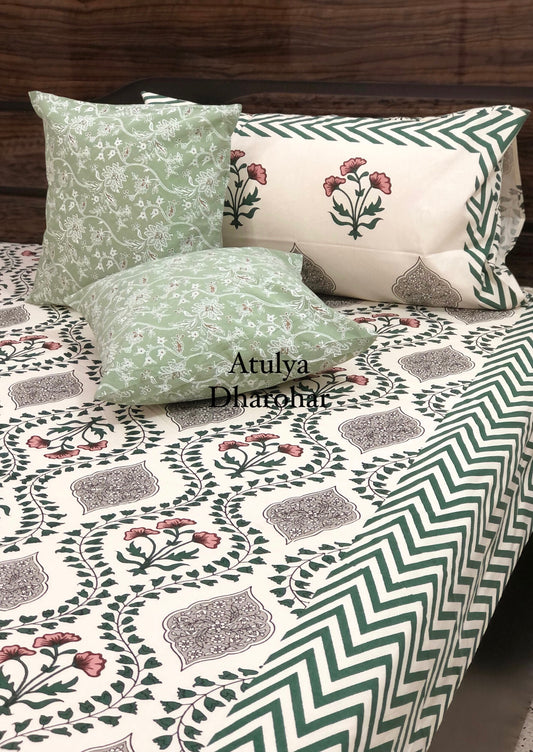 Green Floral Mughal Jaal Bedsheet