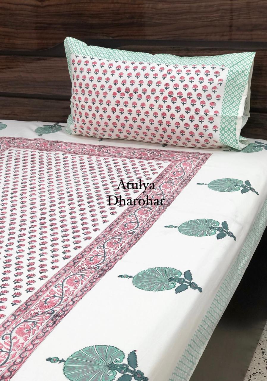 Pink Floral Motifs Hand Block Printed Single Bedsheet