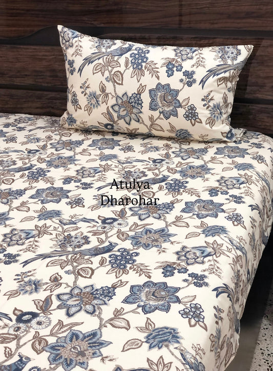 Blue Bird Floral Jaal Cotton King Size Bedsheet