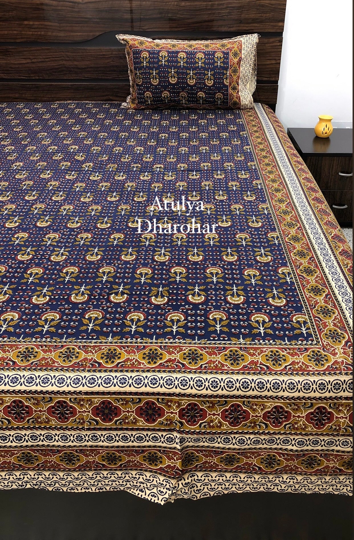 Indigo Kalamkari Super King Cotton Bedsheet