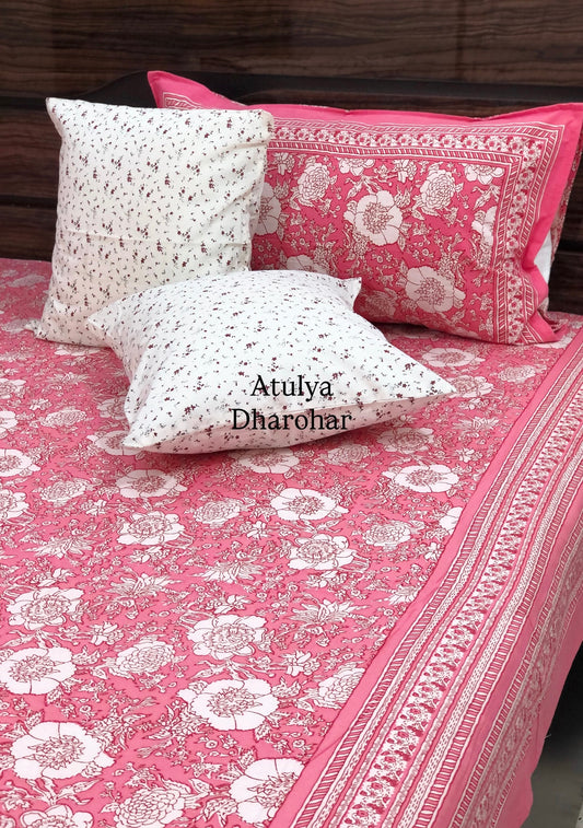 Pink Floral Jaal Cotton Super King Bedsheet