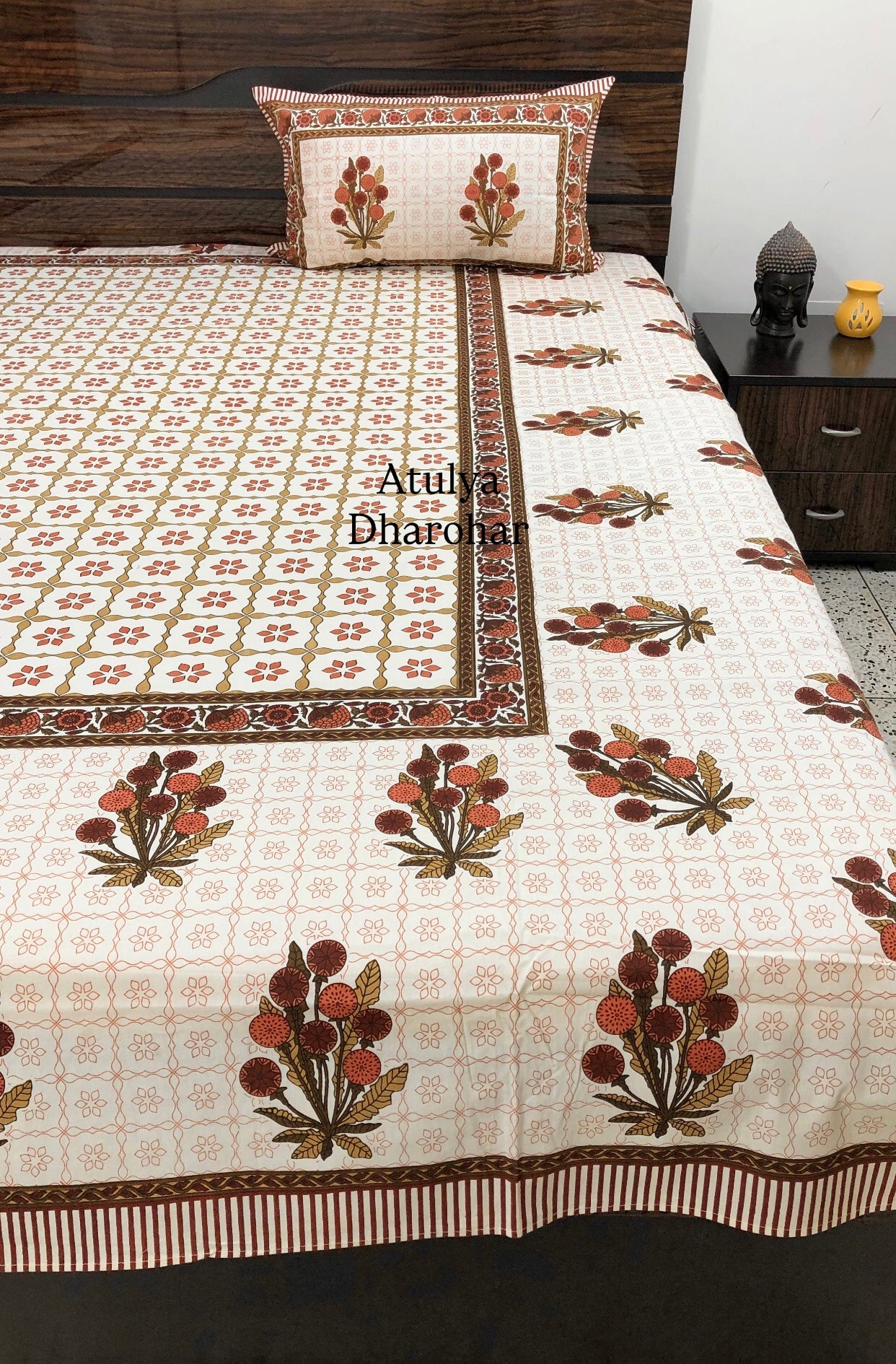 Rust and Green Floral Cotton King Size Bedsheet