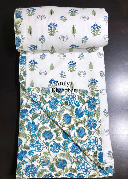 Blue and Green Floral Motifs Cambric Cotton Double Bed Dohar