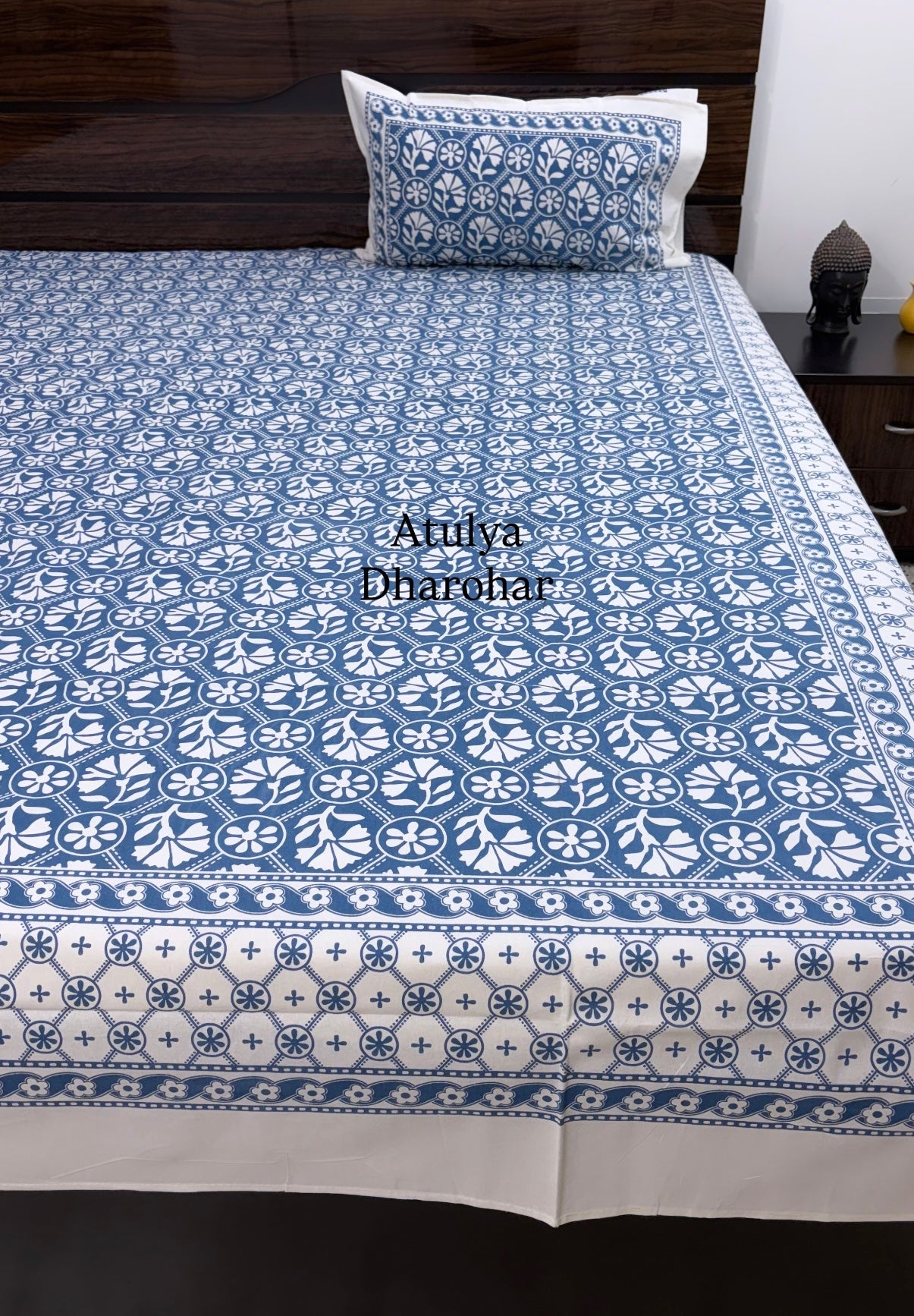 Blue Floral Jaal Cotton Super King Bedsheet