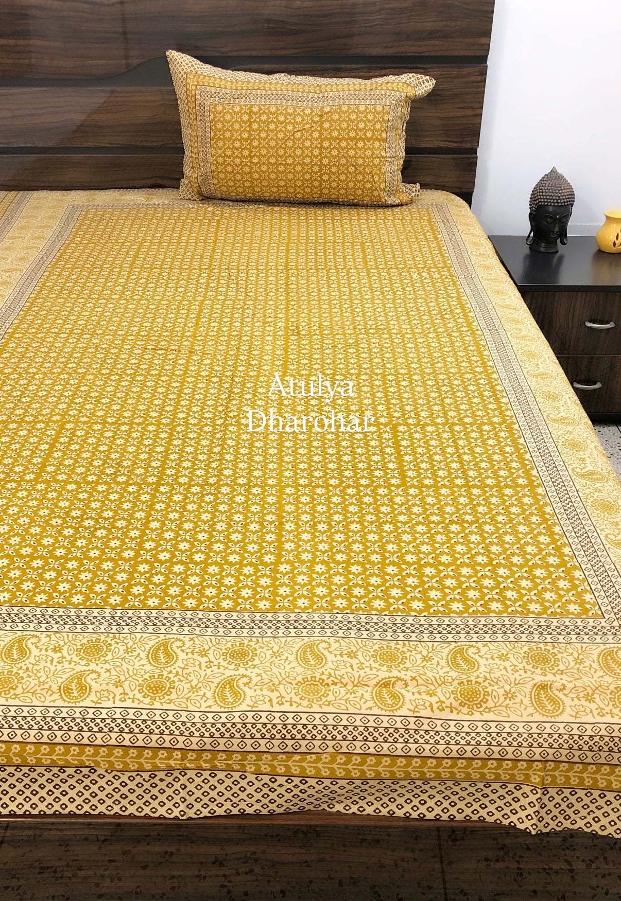 Greenish Mustard Kalamkari Single Bedsheet