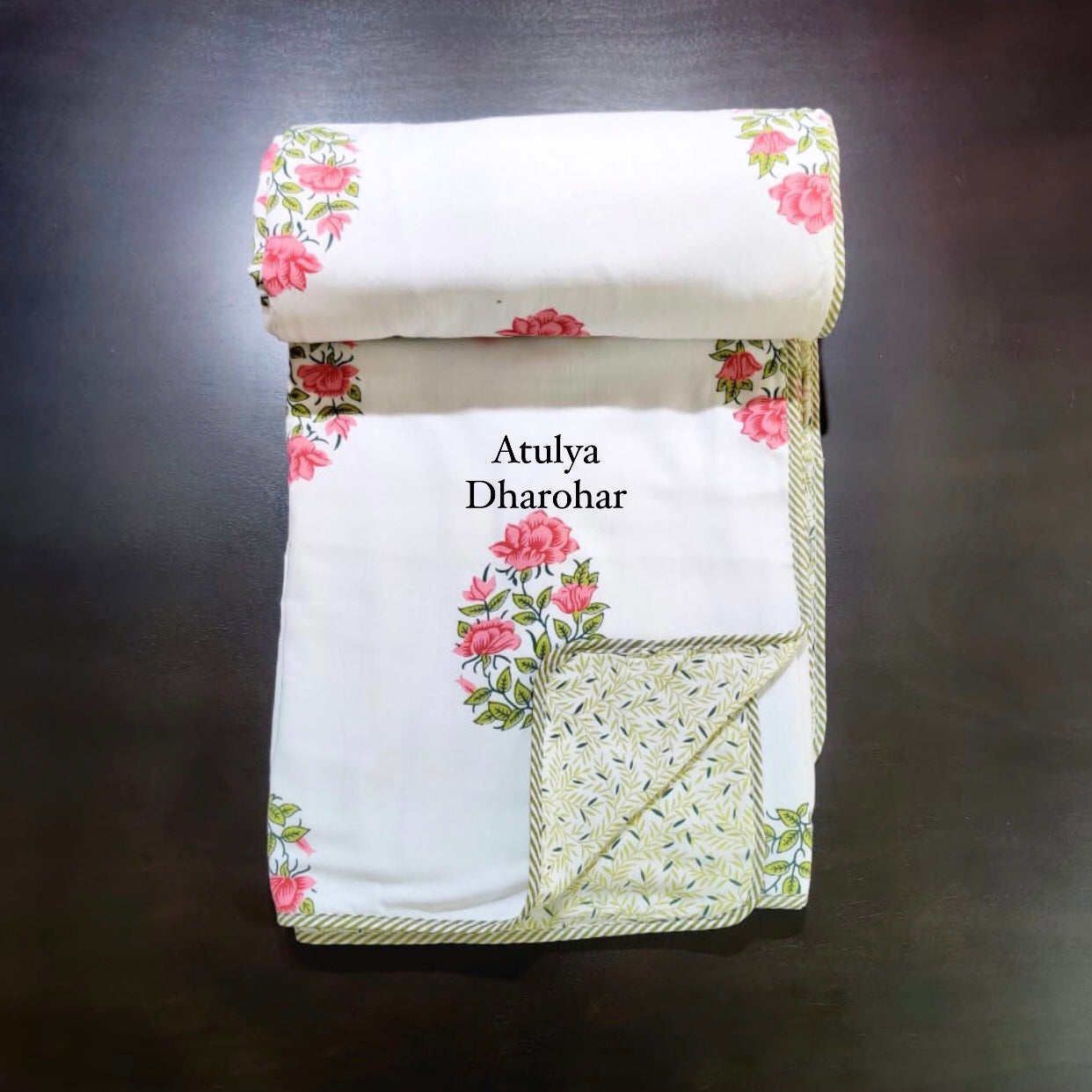 Pink and Green Floral Cotton Double Bed Dohar