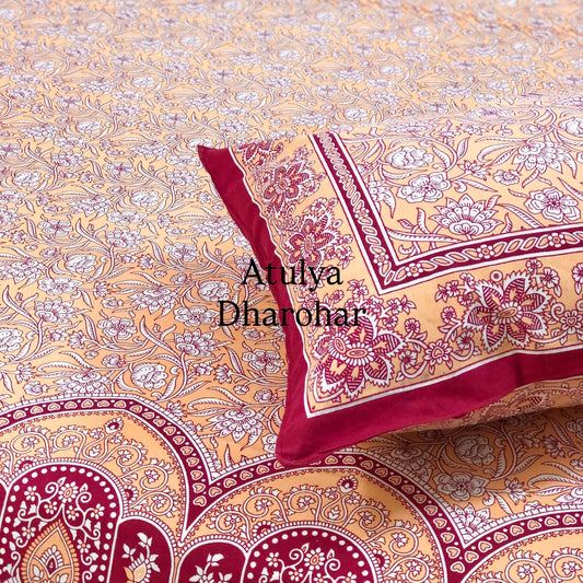 Peach Floral Jaal Cotton King Size Bedsheet