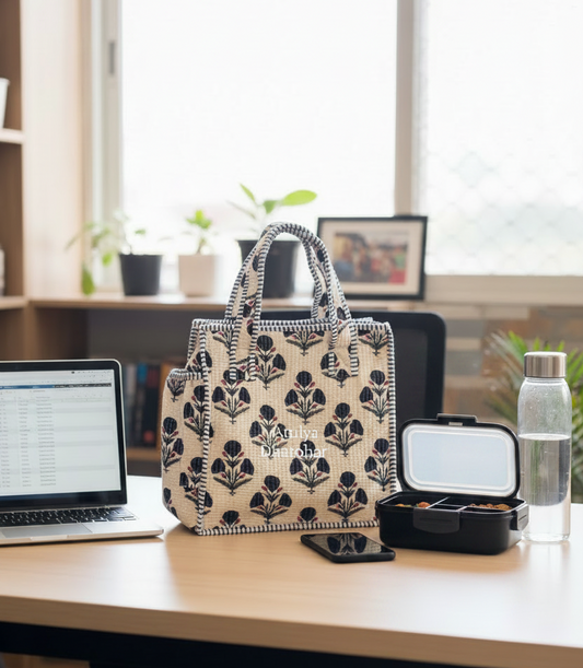 Navy Blue Marigold Floral Mini Tote Bag with Zip
