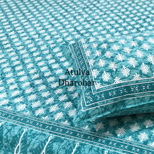 Turquoise Floral Motifs Cotton Super King Bedsheet