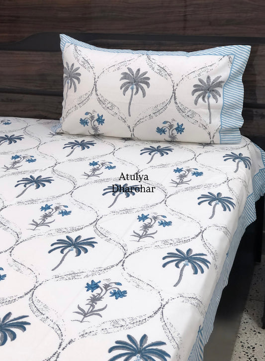Blue and Grey Palm Tree Mughal Jaal Cotton Single Bed Bedsheet