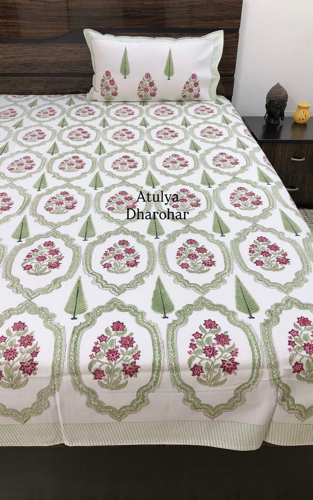 Green and Pink Mughal Jaal Hand Block Super King Bedsheet