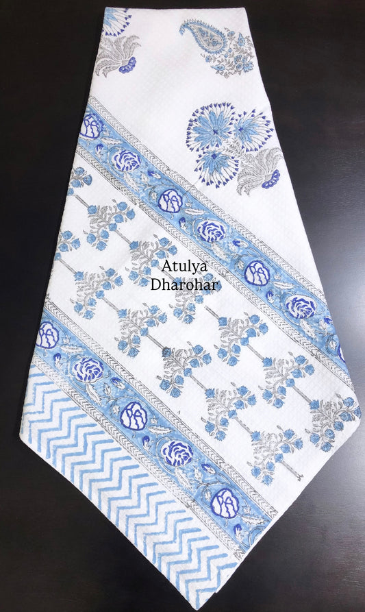 Blue and Grey Floral Motifs Hand Block Printed Waffle Cotton Towel