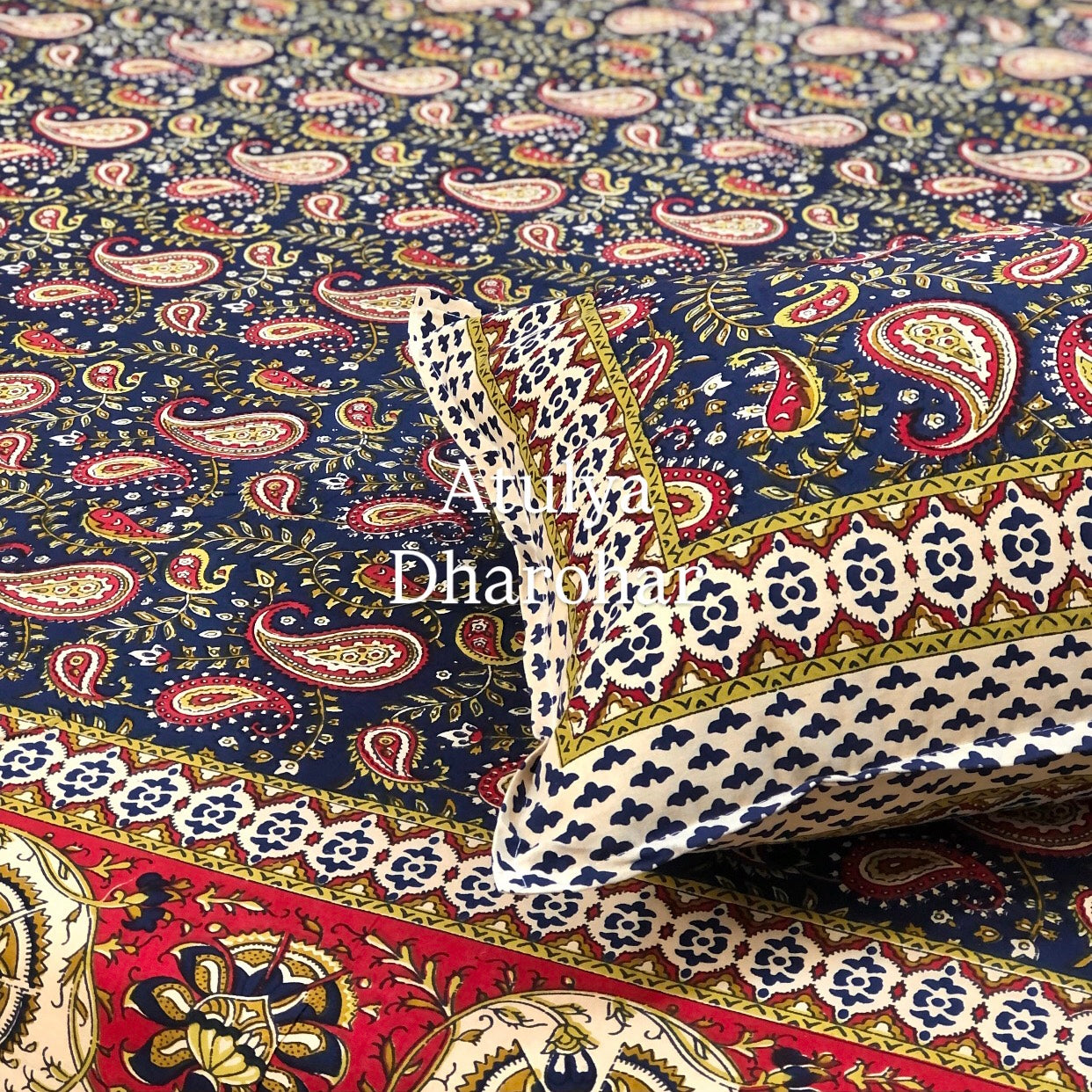 Indigo & Red Cotton Kalamkari King Size Bedsheet