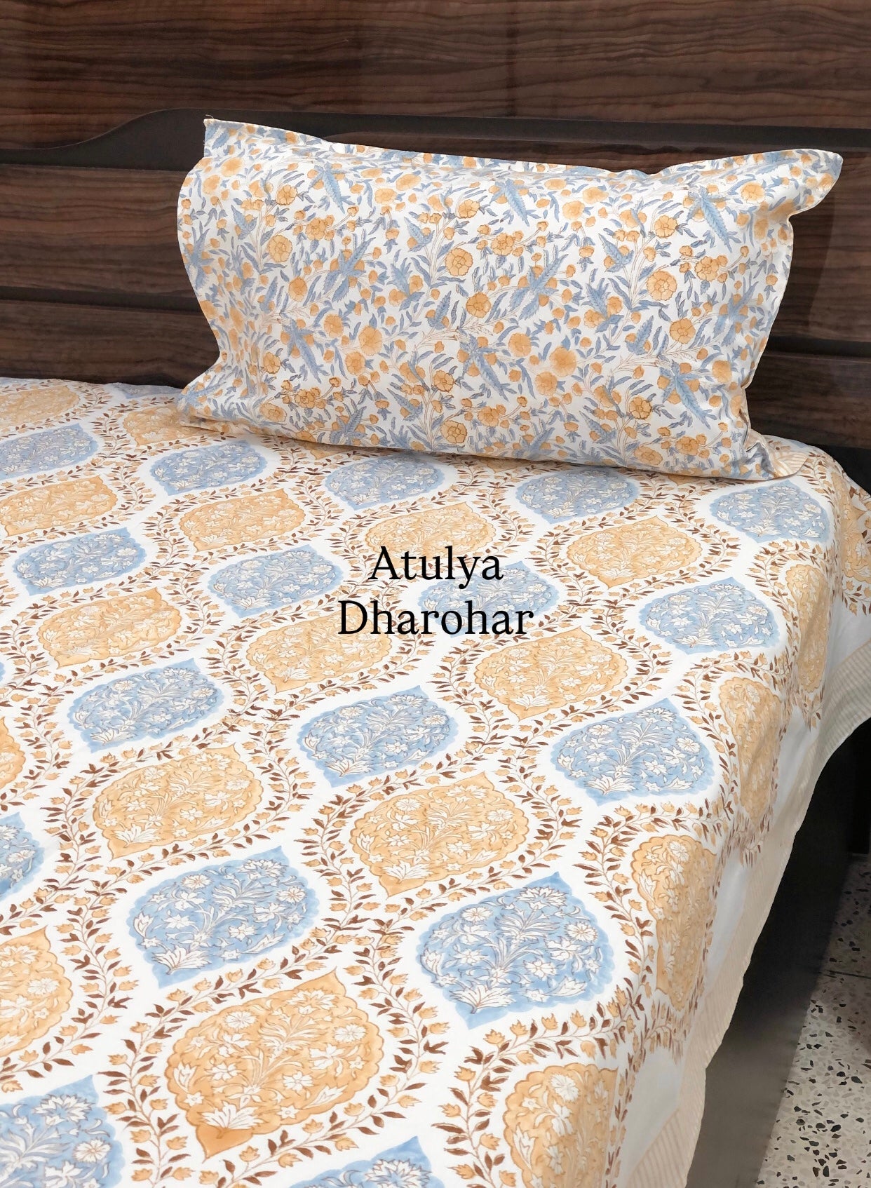 Yellow and Blue Mughal Jaal Hand Block Printed Super King Bedsheet