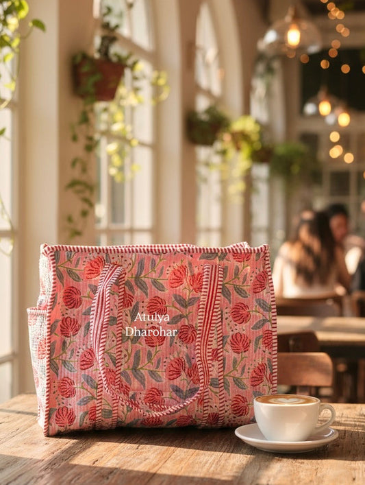 Peach Floral Medium Tote Bag with Zip