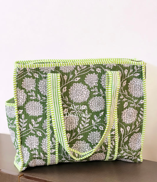 Green Floral Medium Tote Bag with Zip