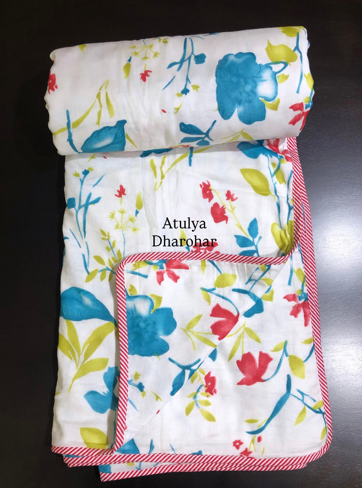 Blue and Red Floral Mulmul Double Bed Dohar