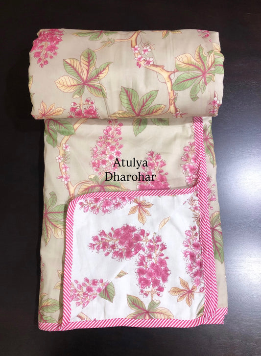 Pink and Green Floral Mulmul Double Bed Dohar