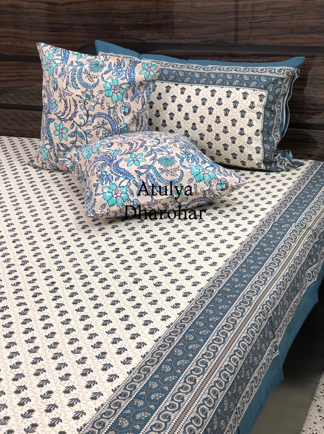 Bluish Grey Floral Mughal Jaal Cotton King Size Bedsheet
