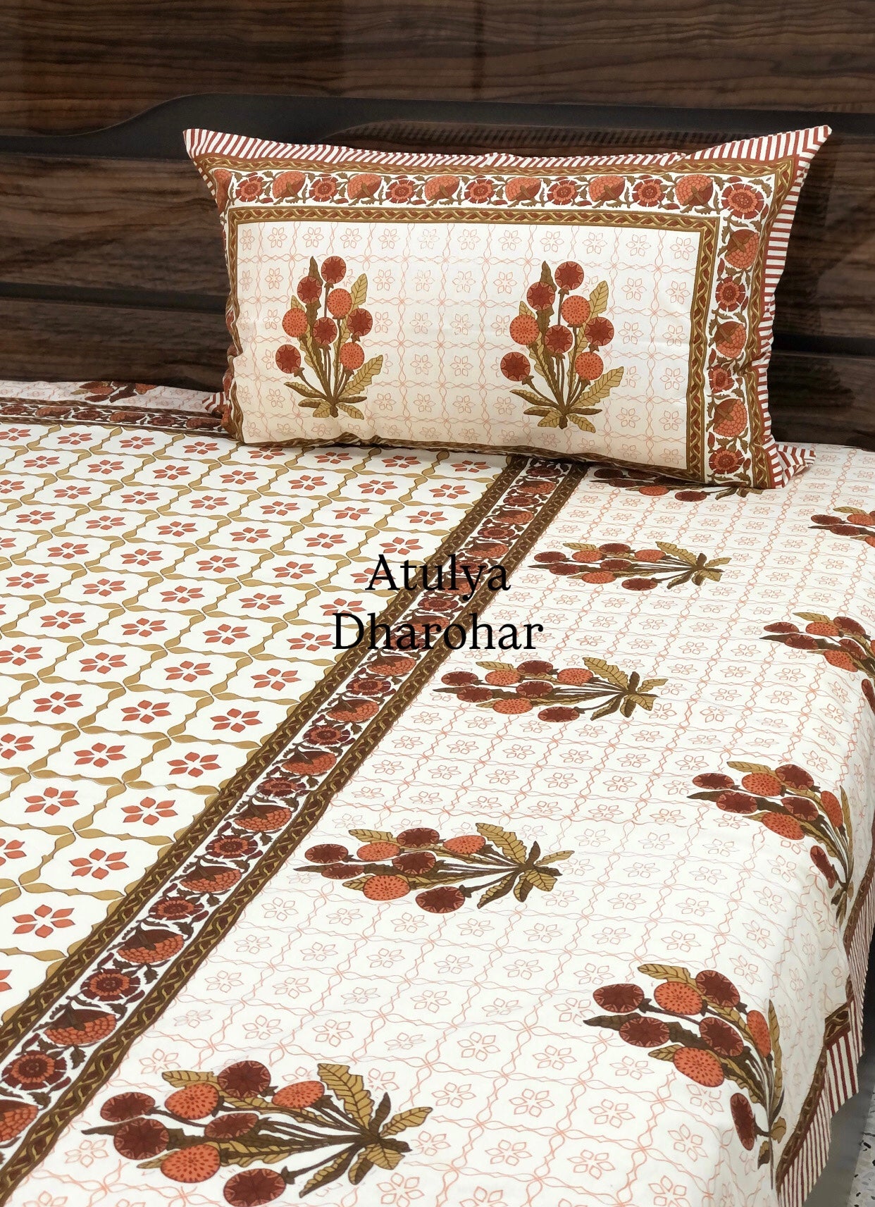 Rust and Green Floral Cotton King Size Bedsheet