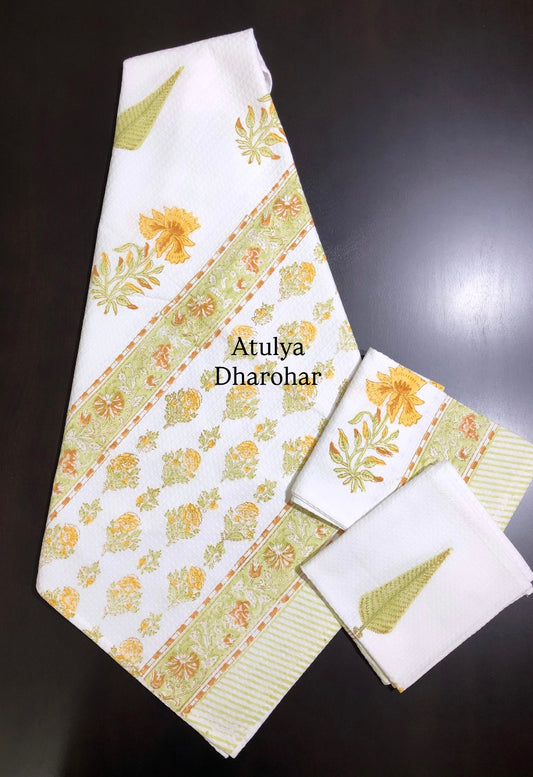 Yellow and Green Floral Motifs Hand Block Waffle Cotton Towel Set