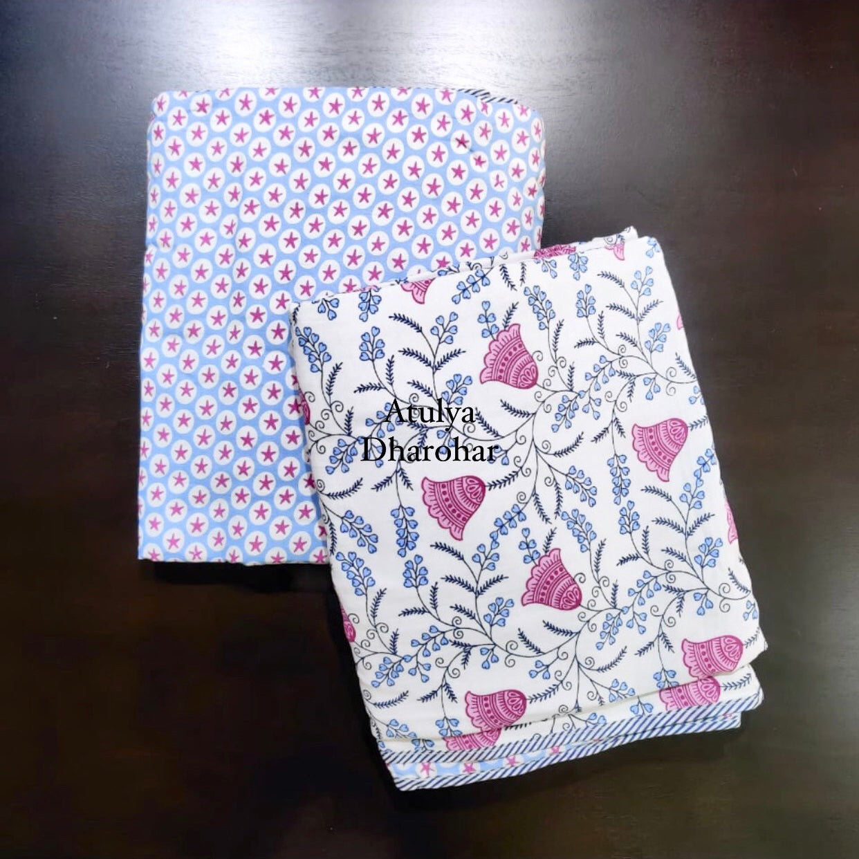 Pinkish Purple and Blue Floral Cotton Single Dohar Pair