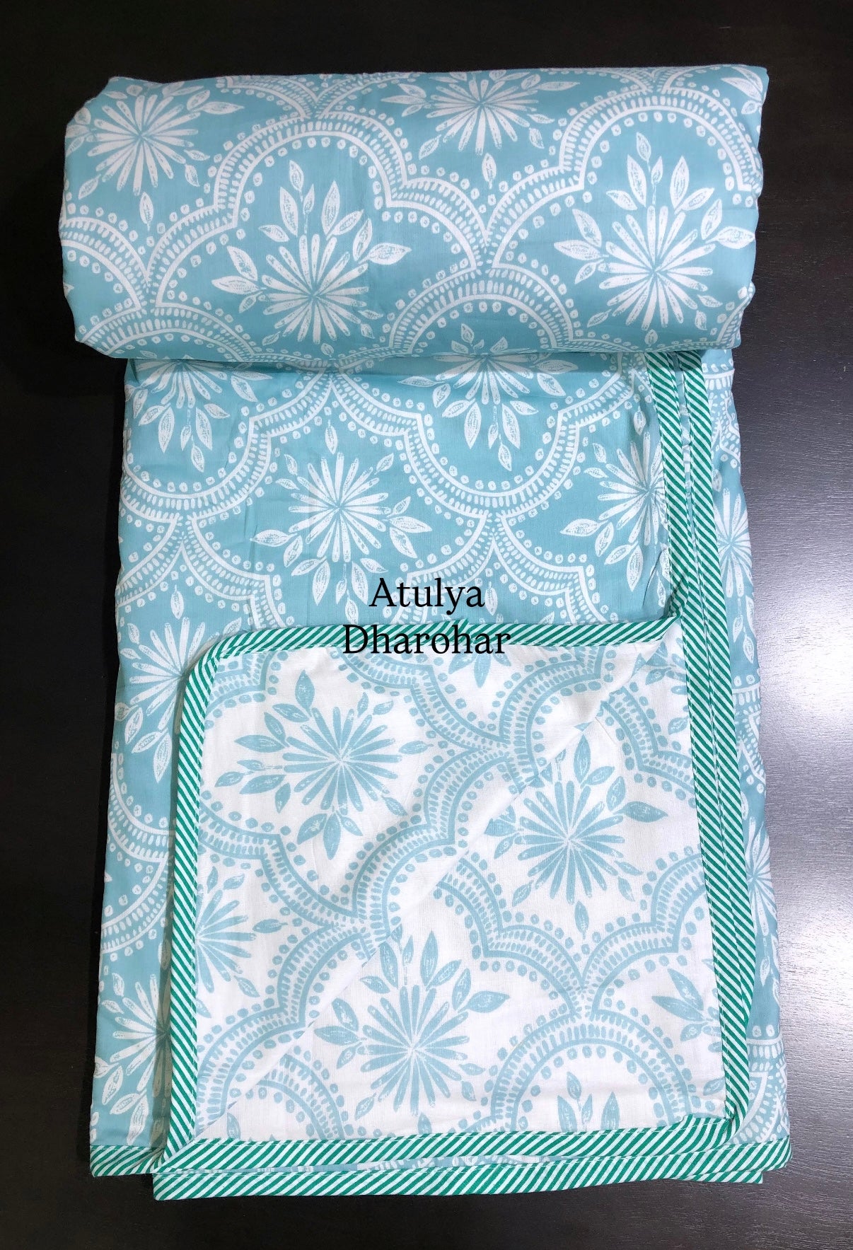 Turquoise Mughal Jaal Mulmul Double Bed Dohar