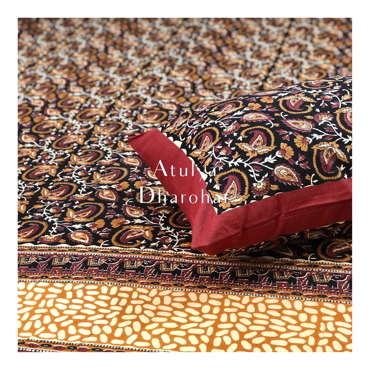 Black and Mustard Kalamkari Cotton Bedsheet