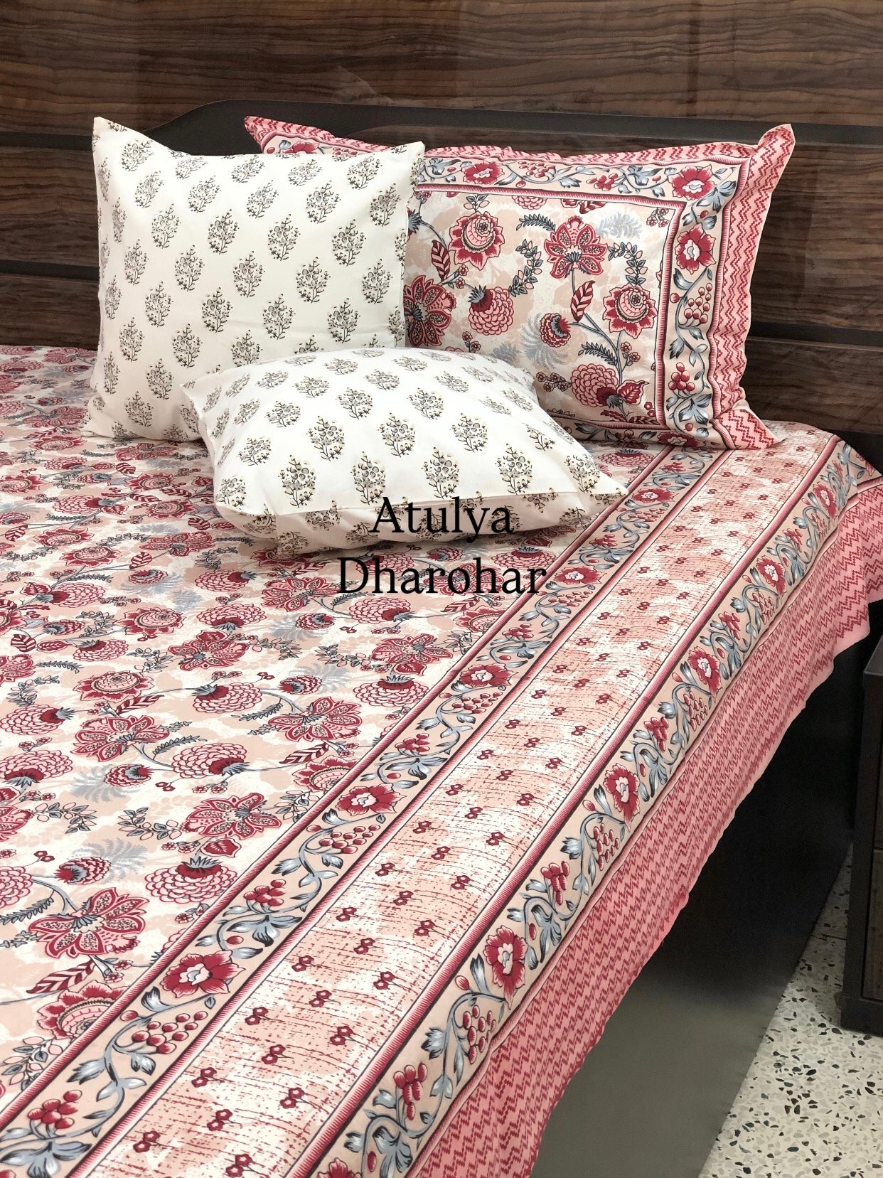 Red and Grey Floral Jaal Cotton King Size Bedsheet