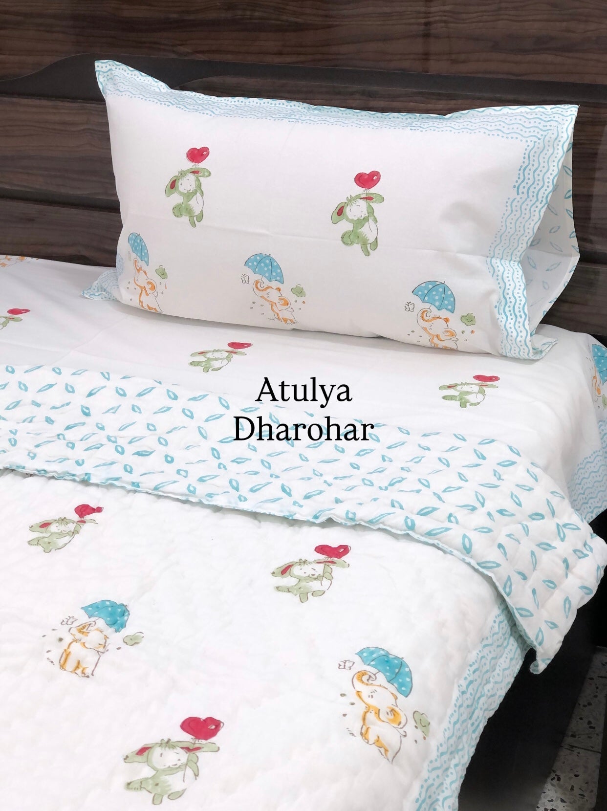Elephant and Rabbit Baby Hand Block Printed Quilt