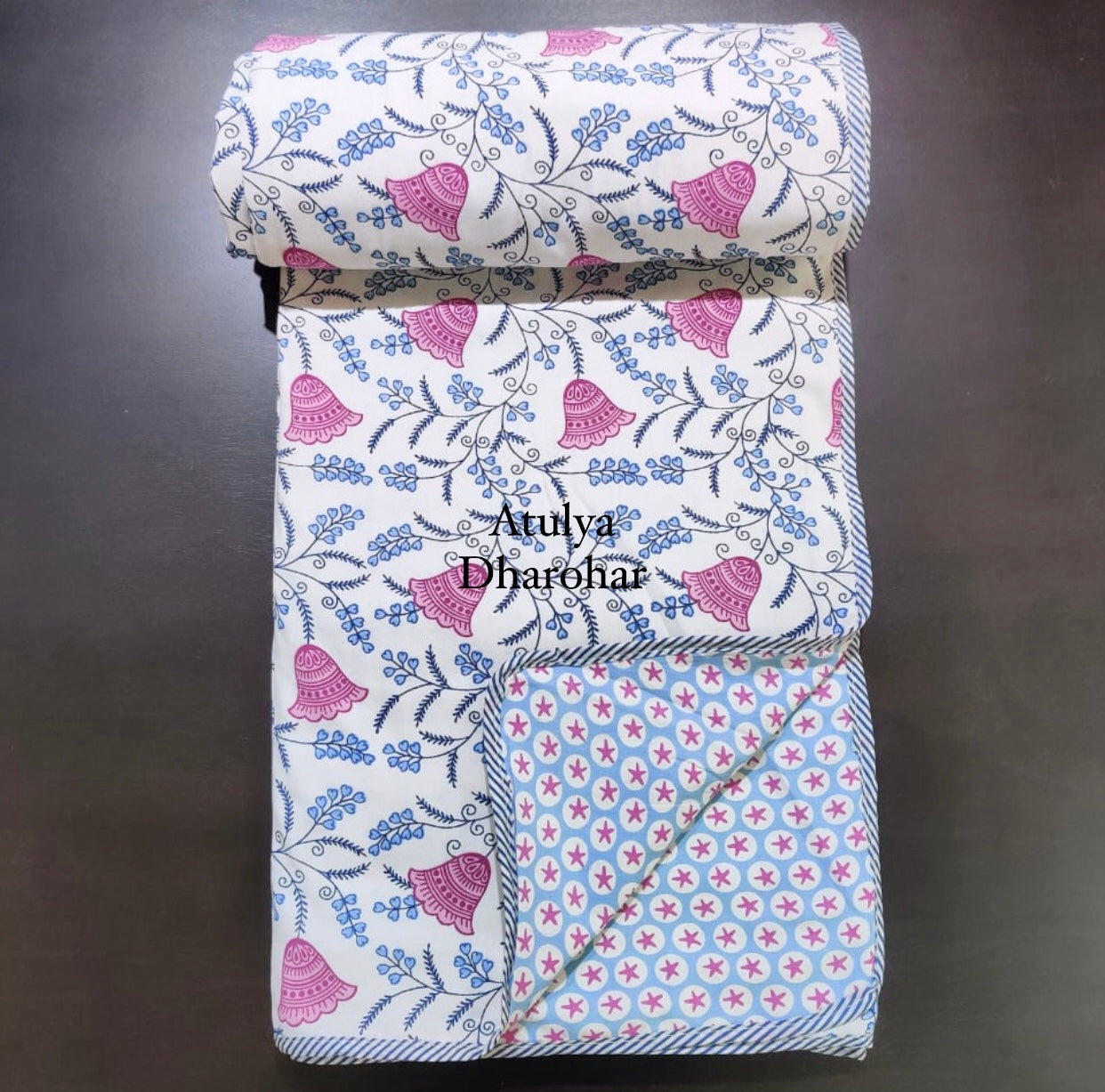 Pinkish Purple and Blue Floral Cotton Double Bed Dohar
