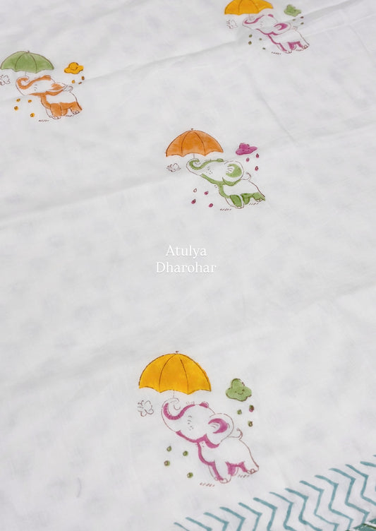 Multicolour Elephants Hand Block Printed Mulmul Baby Dohar