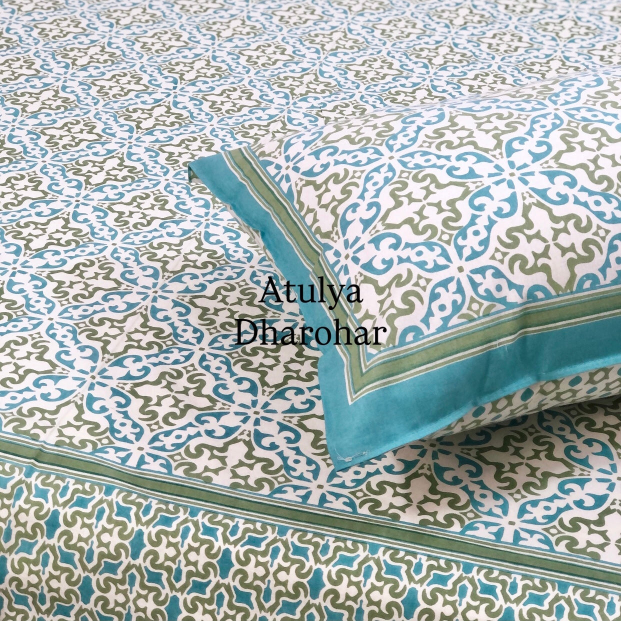 Turquoise and Green Mughal Jaal Cotton King Size Bedsheet