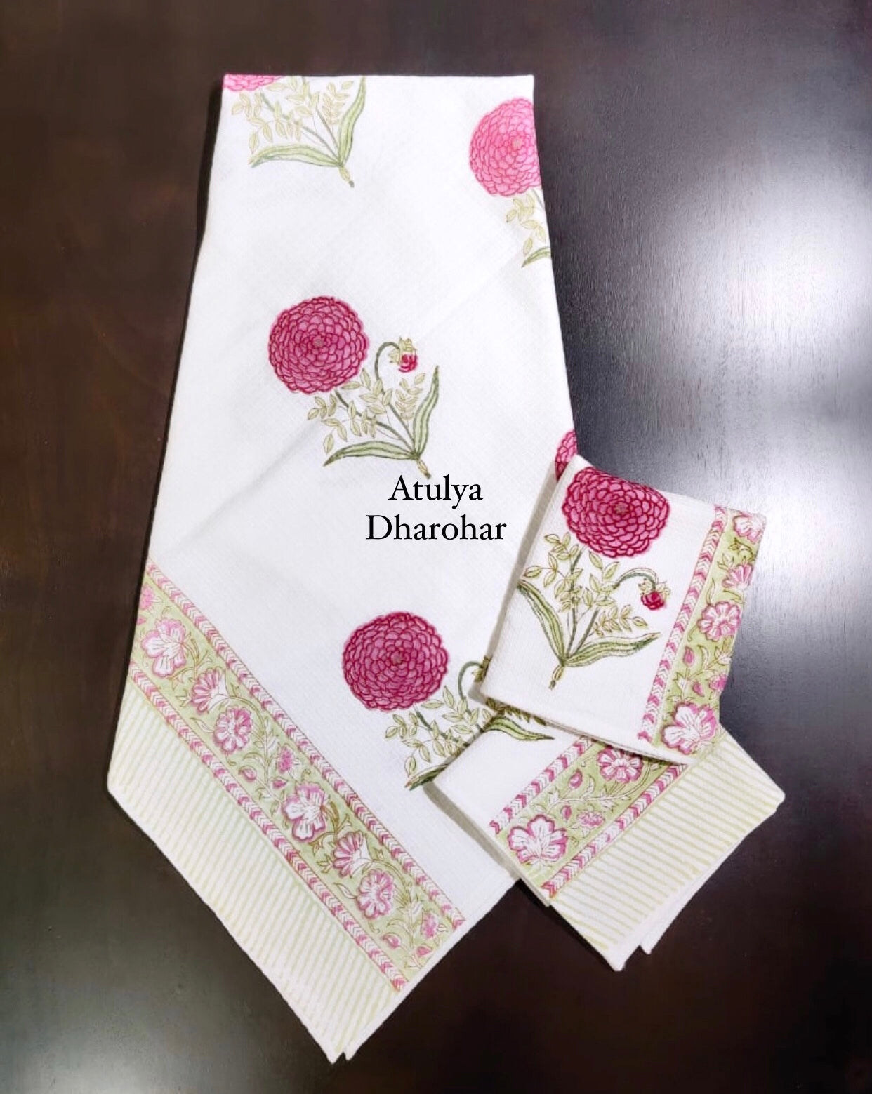 Pinkish Purple Floral Motifs Hand Block Waffle Cotton Towel Set