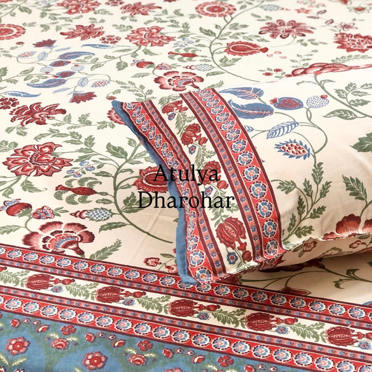 Red and Green Floral Jaal Cotton Super King Bedsheet