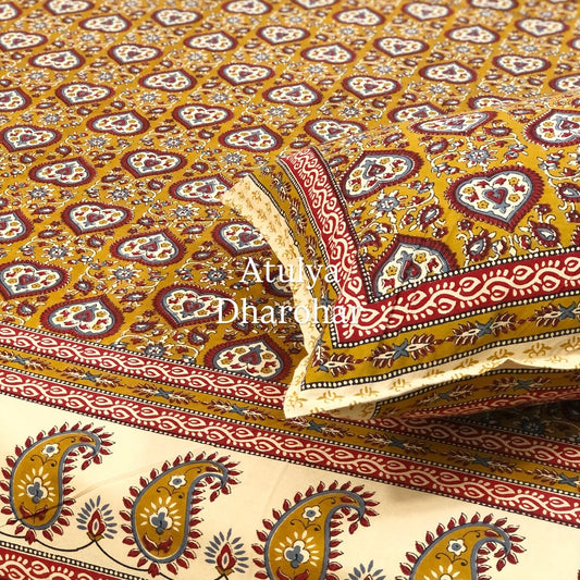 Mustard and Maroon Cotton Kalamkari Super King Bedsheet