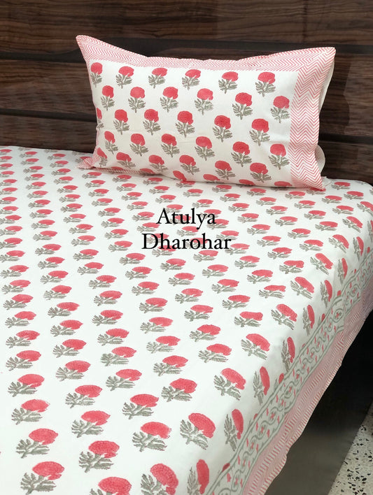 Red Floral Motifs Hand Block Printed Single Bedsheet
