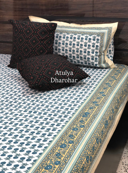 Turquoise Floral Motifs King Size Cotton Bedsheet