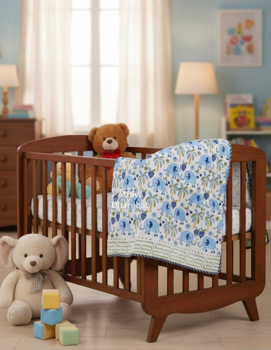 Blue Elephant Hand Block Printed Mulmul Baby Dohar