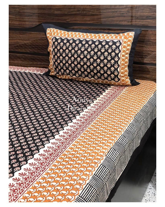 Black and Mustard Kalamkari Single Bedsheet