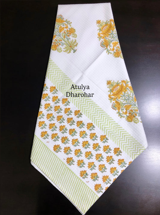 Yellow Floral Motifs Hand Block Printed Waffle Cotton Towel