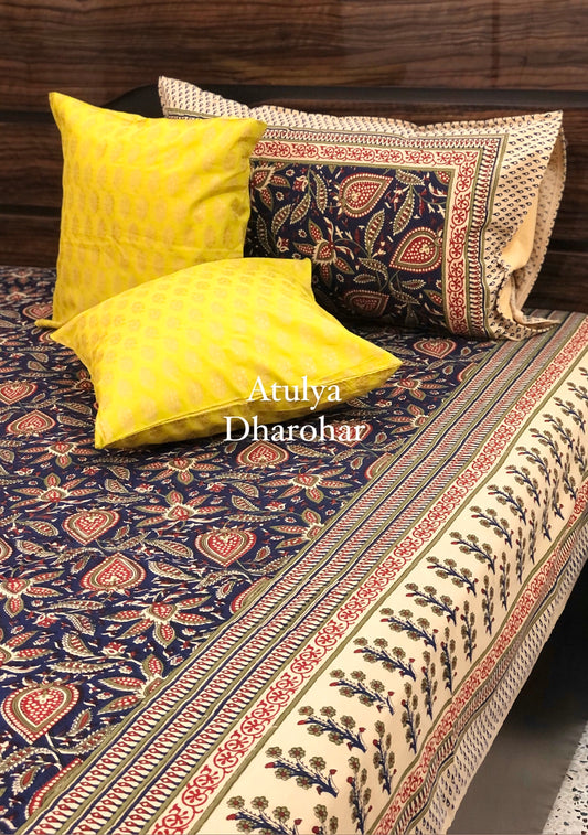 Indigo Kalamkari Super King Cotton Bedsheet