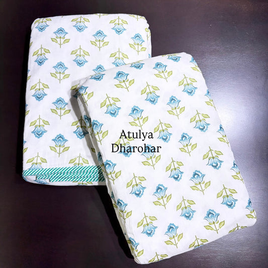 Turquoise Blue and Green Floral Mulmul Single Dohar Pair