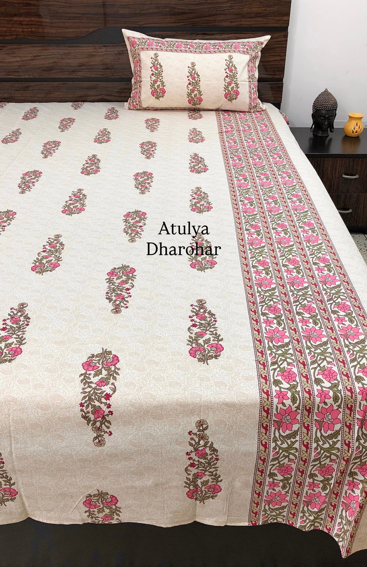 Beige and Pink Floral Motifs Super King Cotton Bedsheet