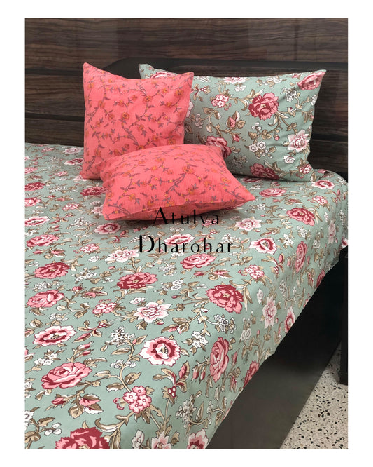 Green and Pink Floral Motifs Bedsheet